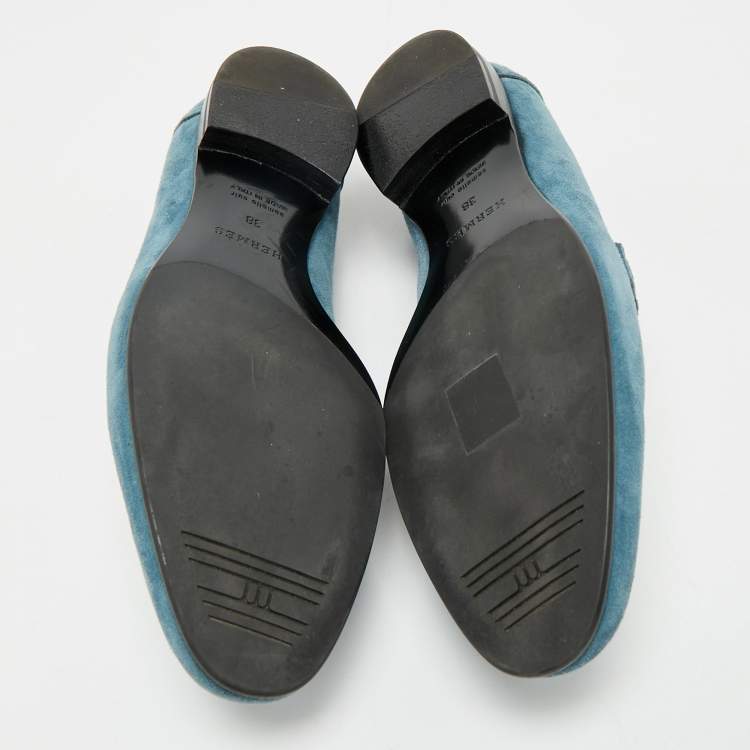Pre Owned Hermes Blue Suede Paris Loafers Size 38