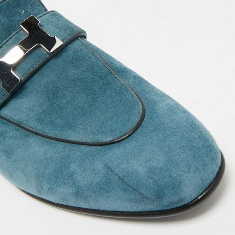Pre Owned Hermes Blue Suede Paris Loafers Size 38