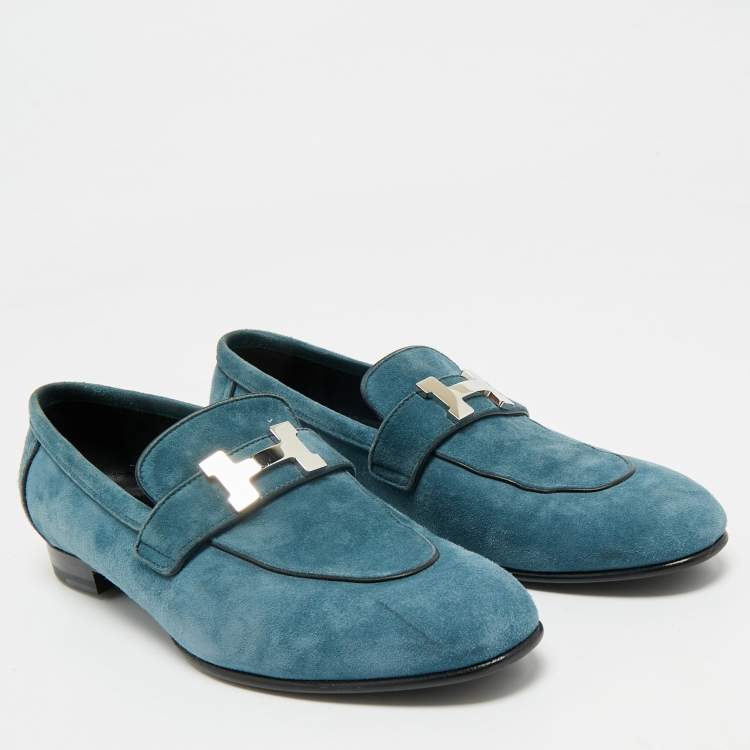 Pre Owned Hermes Blue Suede Paris Loafers Size 38