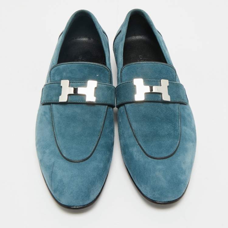 Pre Owned Hermes Blue Suede Paris Loafers Size 38