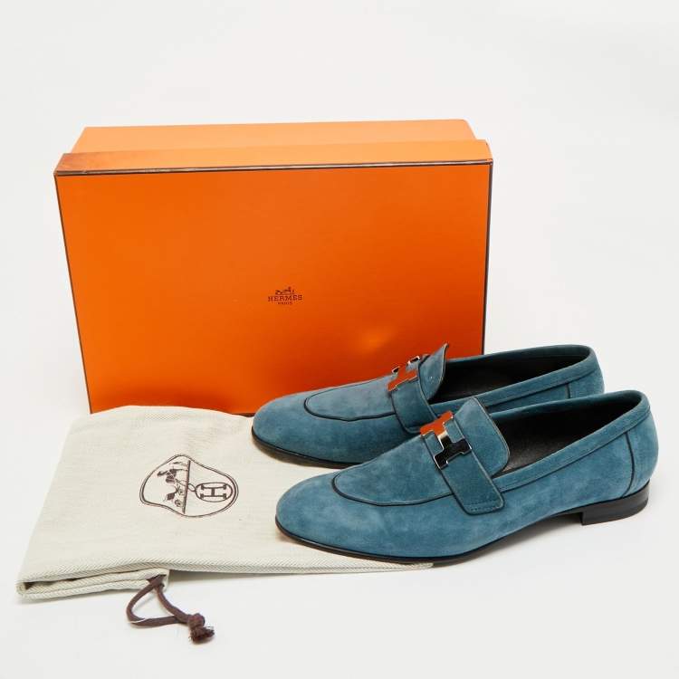 Pre Owned Hermes Blue Suede Paris Loafers Size 38
