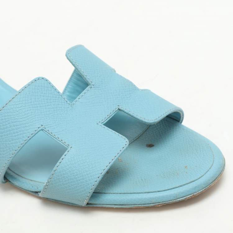 Pre Owned Hermes Blue Leather Oasis Slide Sandals Size 38.5