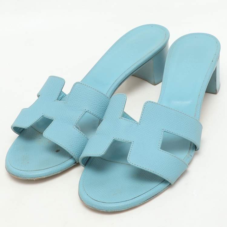 Pre Owned Hermes Blue Leather Oasis Slide Sandals Size 38.5