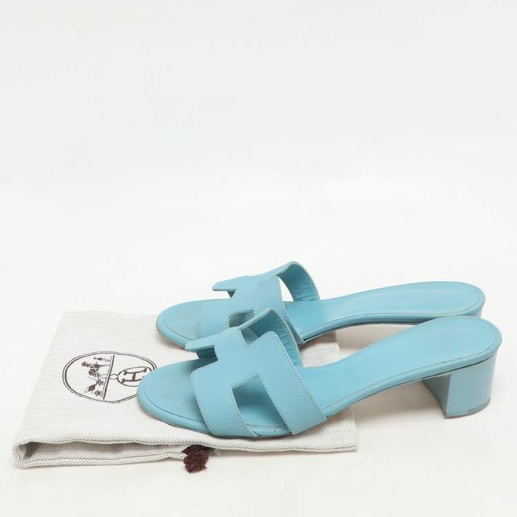 Pre Owned Hermes Blue Leather Oasis Slide Sandals Size 38.5