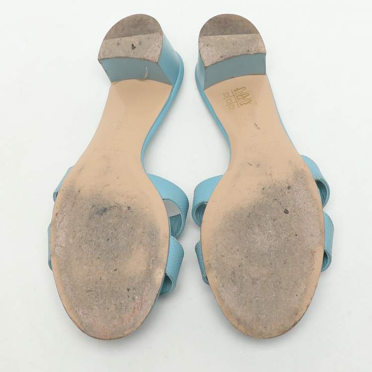 Pre Owned Hermes Blue Leather Oasis Slide Sandals Size 38.5