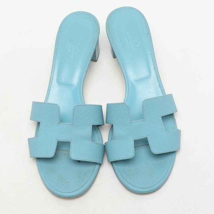 Pre Owned Hermes Blue Leather Oasis Slide Sandals Size 38.5
