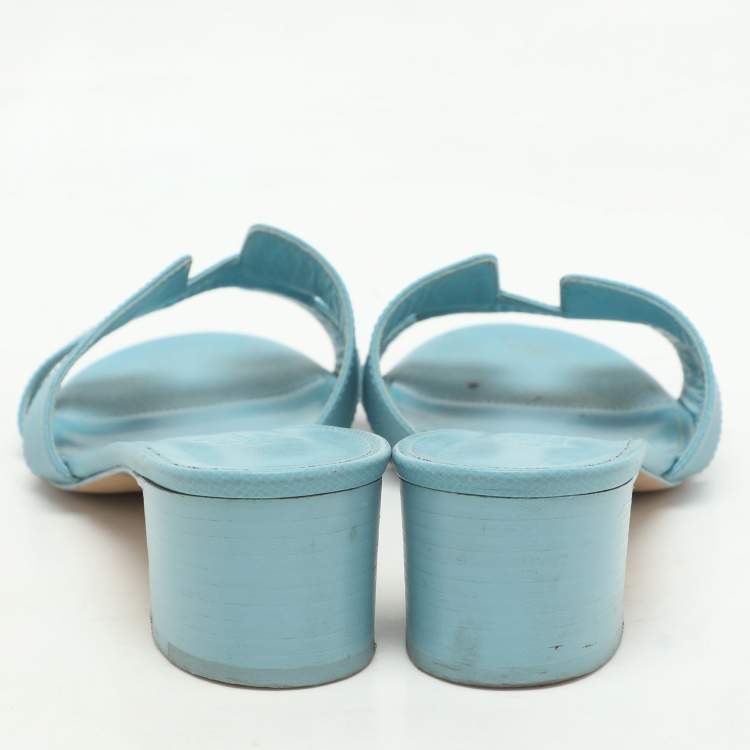 Pre Owned Hermes Blue Leather Oasis Slide Sandals Size 38.5