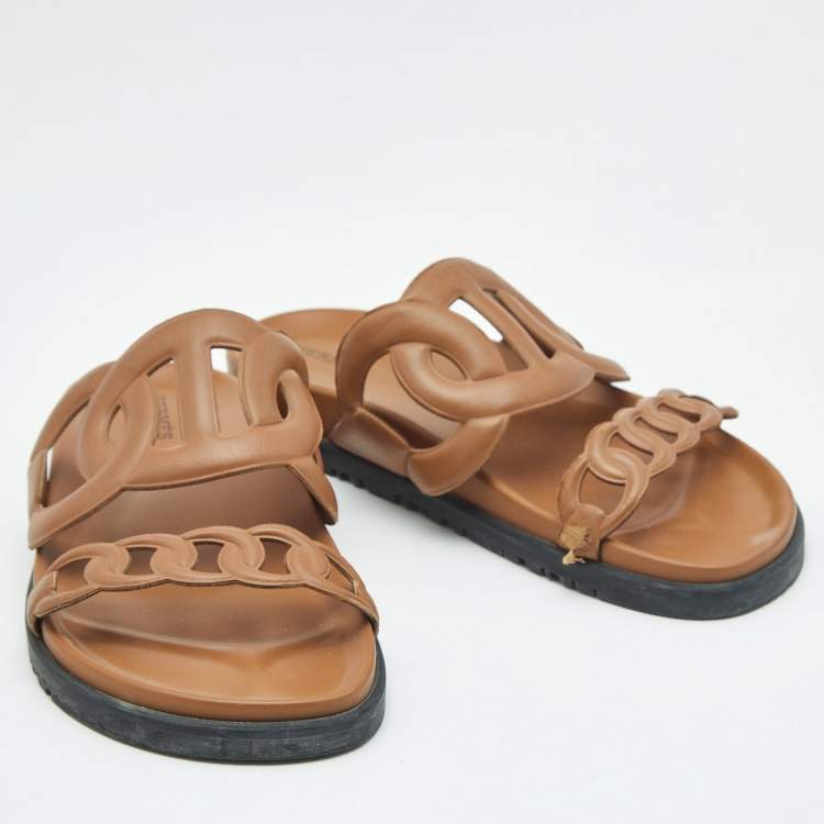 Pre Owned Hermes Brown Leather Extra Sandals Size 37
