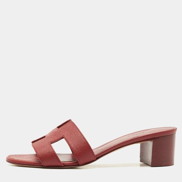Pre Owned Hermes Burgundy Leather Oasis Slide Sandals Size 36