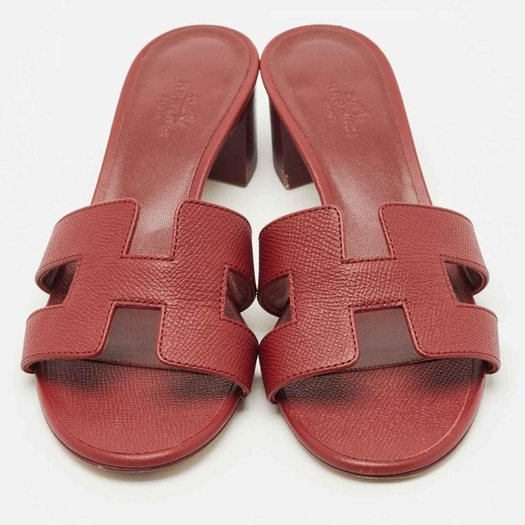 Pre Owned Hermes Burgundy Leather Oasis Slide Sandals Size 36