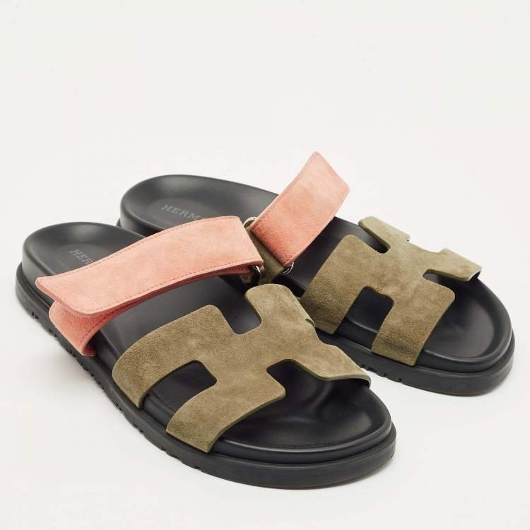 Pre Owned Hermes Green/Pink Leather and Suede Chypre Flat Sandals Size 37