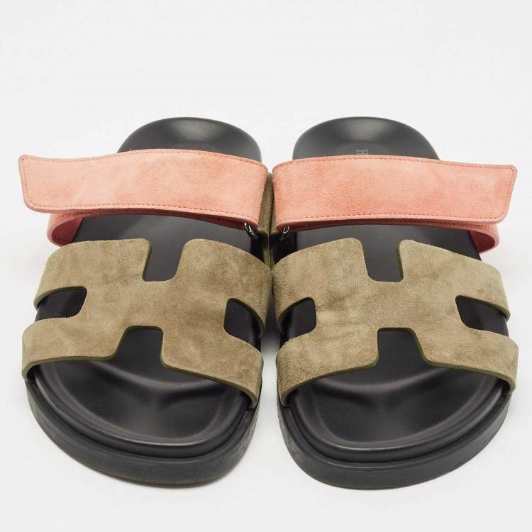 Pre Owned Hermes Green/Pink Leather and Suede Chypre Flat Sandals Size 37
