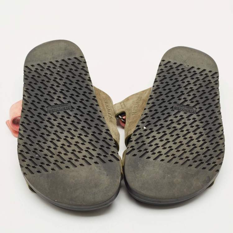 Pre Owned Hermes Green/Pink Leather and Suede Chypre Flat Sandals Size 37