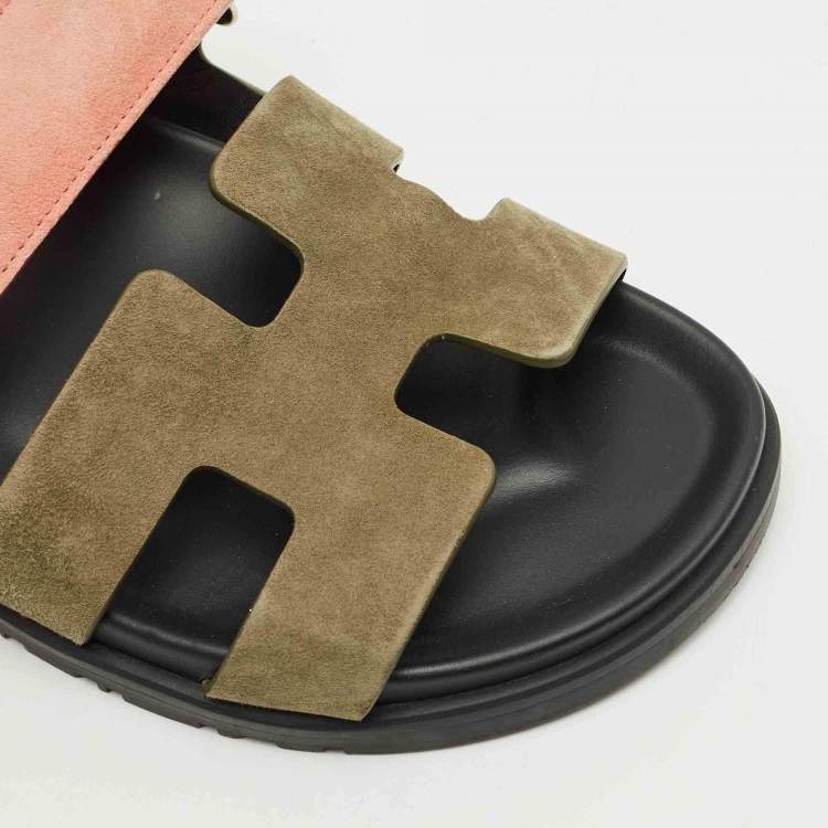Pre Owned Hermes Green/Pink Leather and Suede Chypre Flat Sandals Size 37