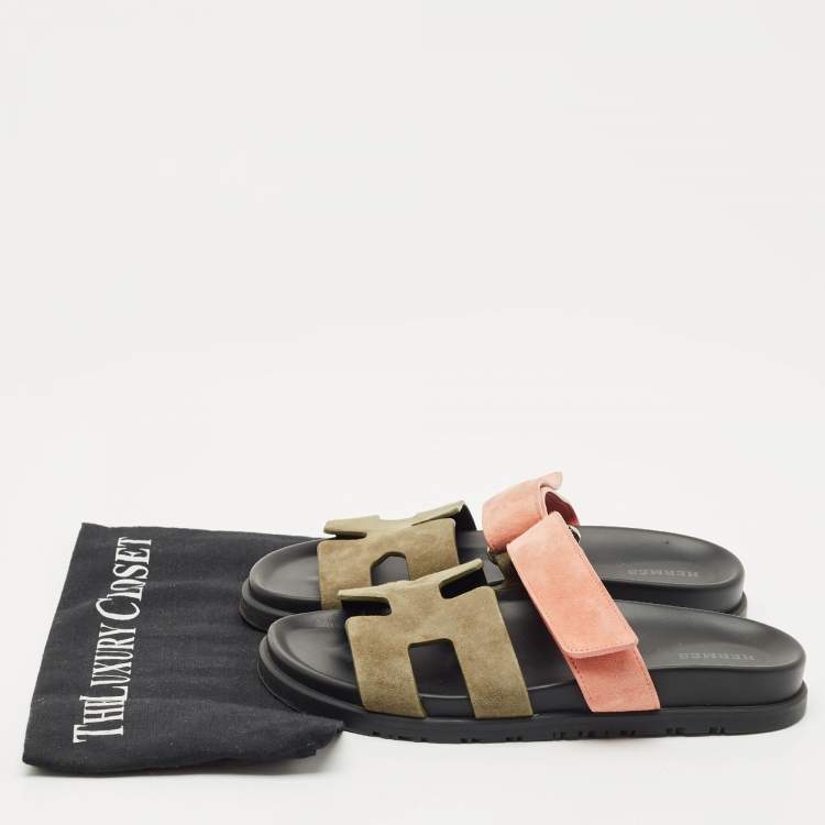 Pre Owned Hermes Green/Pink Leather and Suede Chypre Flat Sandals Size 37