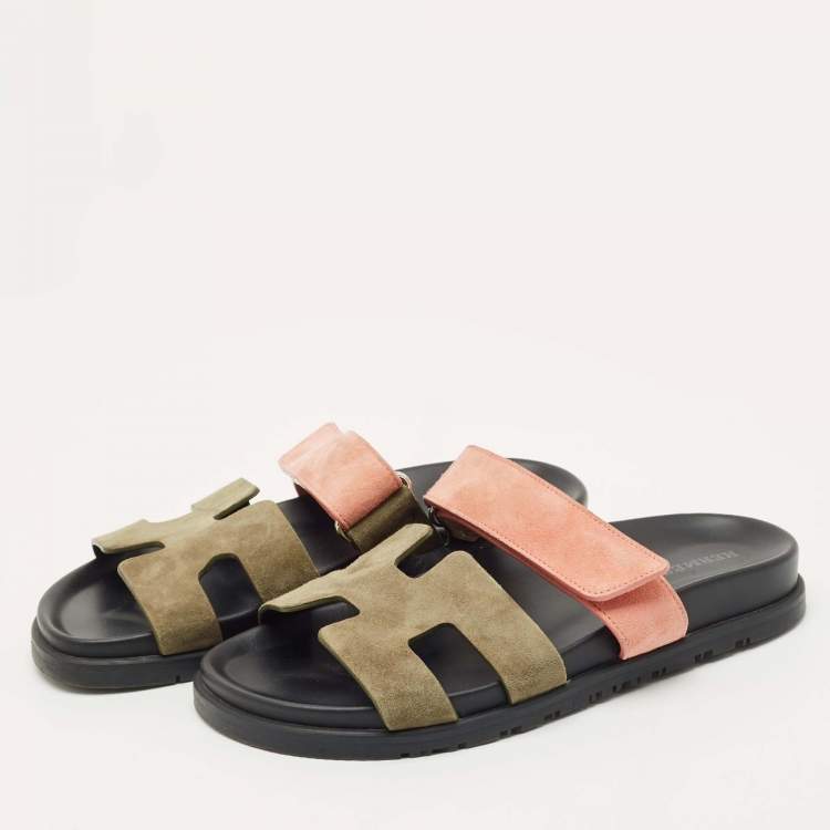 Pre Owned Hermes Green/Pink Leather and Suede Chypre Flat Sandals Size 37