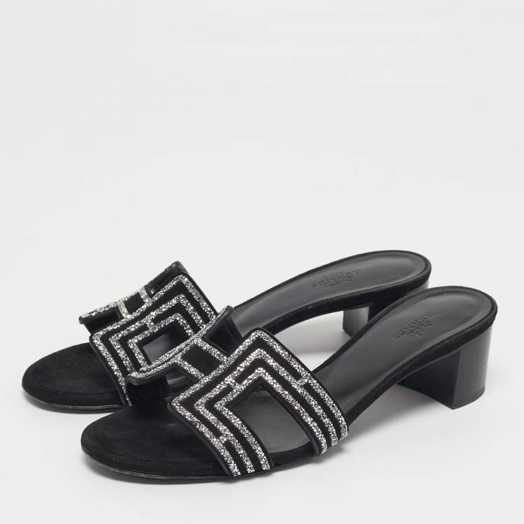 Pre Owned Hermes Black Suede Crystal Embellished Oasis Slide Sandals Size 36