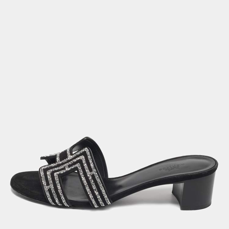 Pre Owned Hermes Black Suede Crystal Embellished Oasis Slide Sandals Size 36