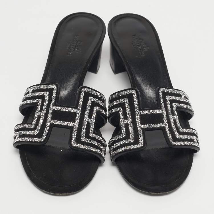 Pre Owned Hermes Black Suede Crystal Embellished Oasis Slide Sandals Size 36