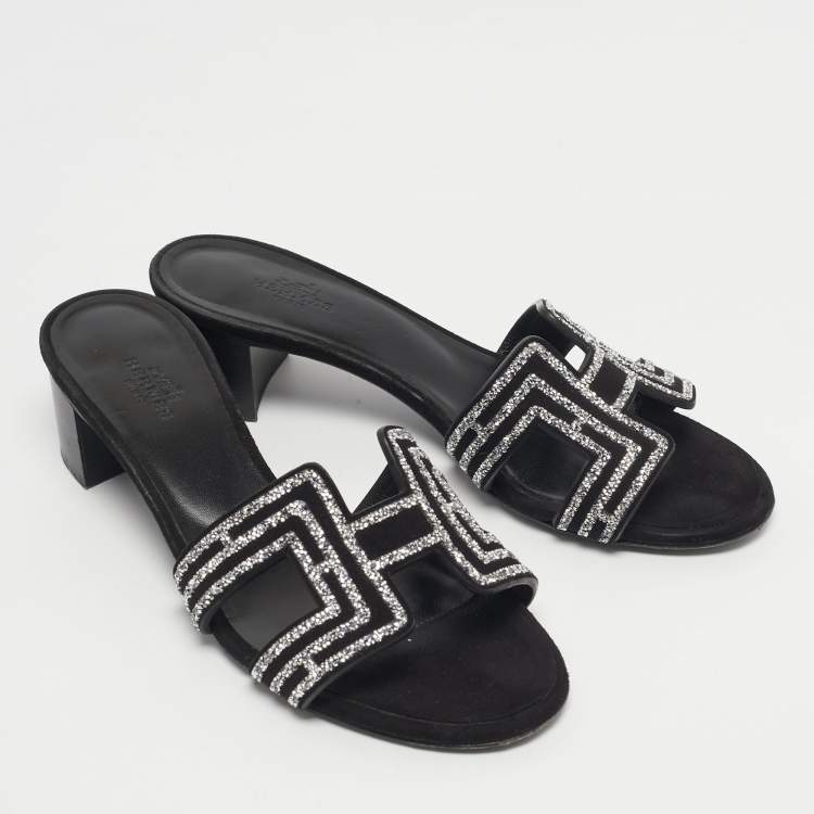 Pre Owned Hermes Black Suede Crystal Embellished Oasis Slide Sandals Size 36