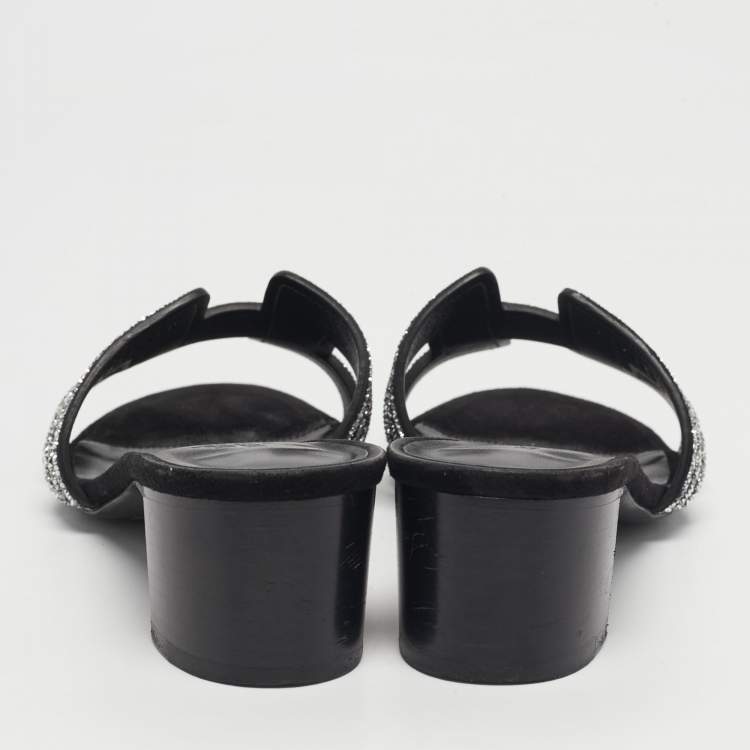 Pre Owned Hermes Black Suede Crystal Embellished Oasis Slide Sandals Size 36