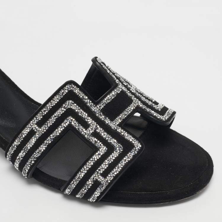 Pre Owned Hermes Black Suede Crystal Embellished Oasis Slide Sandals Size 36