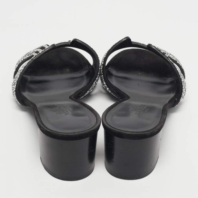 Pre Owned Hermes Black Suede Crystal Embellished Oasis Slide Sandals Size 36