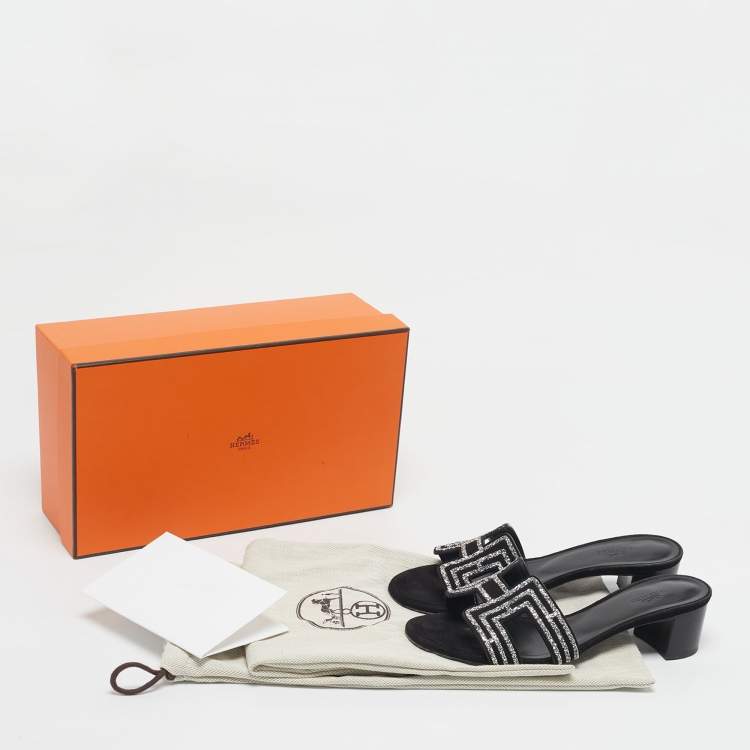 Pre Owned Hermes Black Suede Crystal Embellished Oasis Slide Sandals Size 36