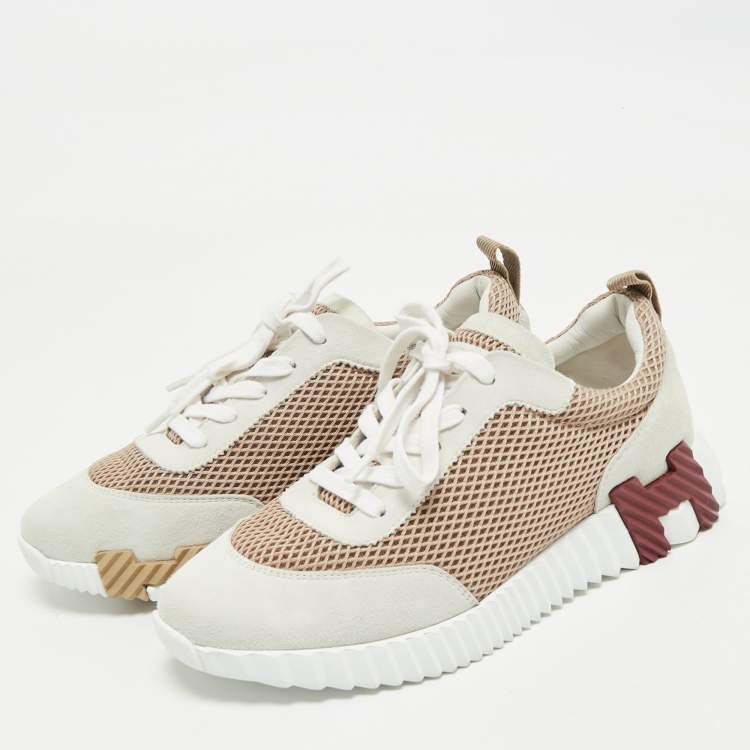 Pre Owned Hermes Grey/Beige Suede and Mesh Bouncing Sneakers Size 39