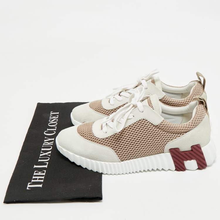 Pre Owned Hermes Grey/Beige Suede and Mesh Bouncing Sneakers Size 39