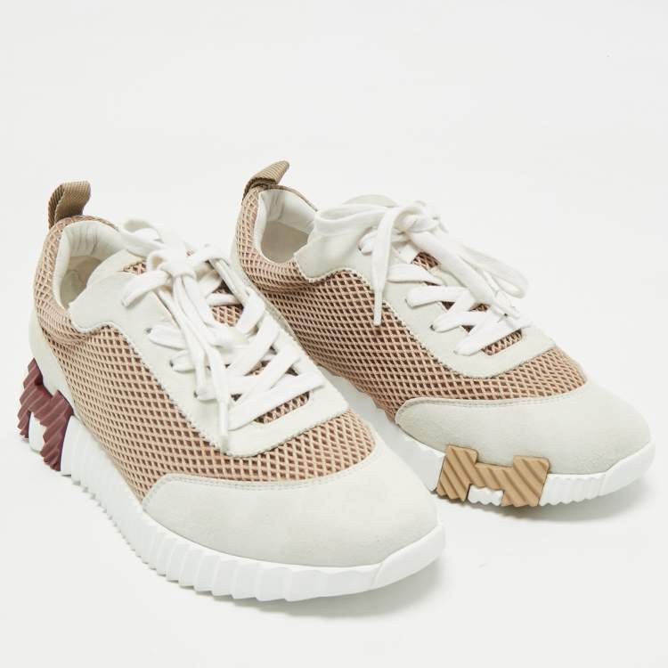 Pre Owned Hermes Grey/Beige Suede and Mesh Bouncing Sneakers Size 39