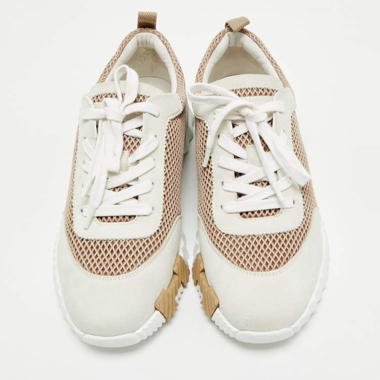 Pre Owned Hermes Grey/Beige Suede and Mesh Bouncing Sneakers Size 39