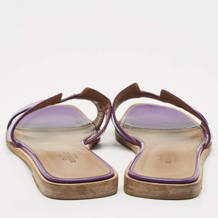 Pre Owned Hermes Purple Patent Leather Oran Flat Slides Size 36.5