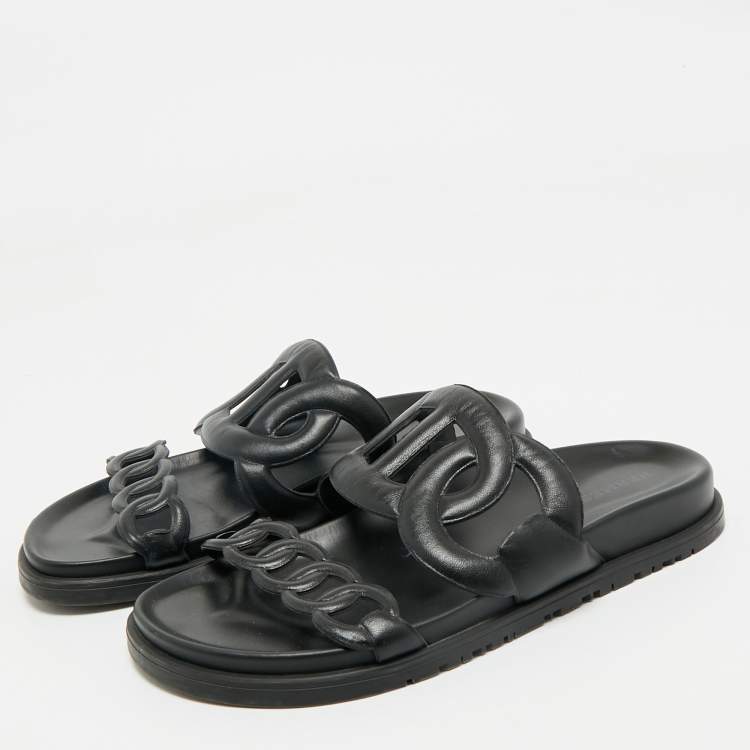 Pre Owned Hermes Black Leather Extra Flat Slide Sandals Size 36.5