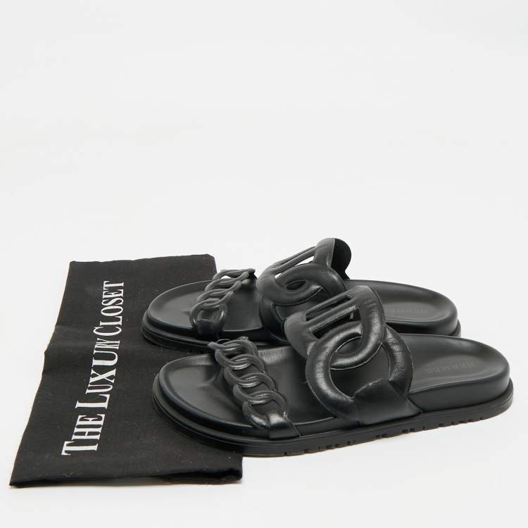 Pre Owned Hermes Black Leather Extra Flat Slide Sandals Size 36.5