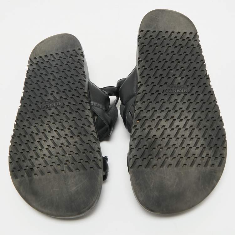 Pre Owned Hermes Black Leather Extra Flat Slide Sandals Size 36.5