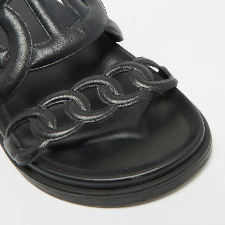 Pre Owned Hermes Black Leather Extra Flat Slide Sandals Size 36.5