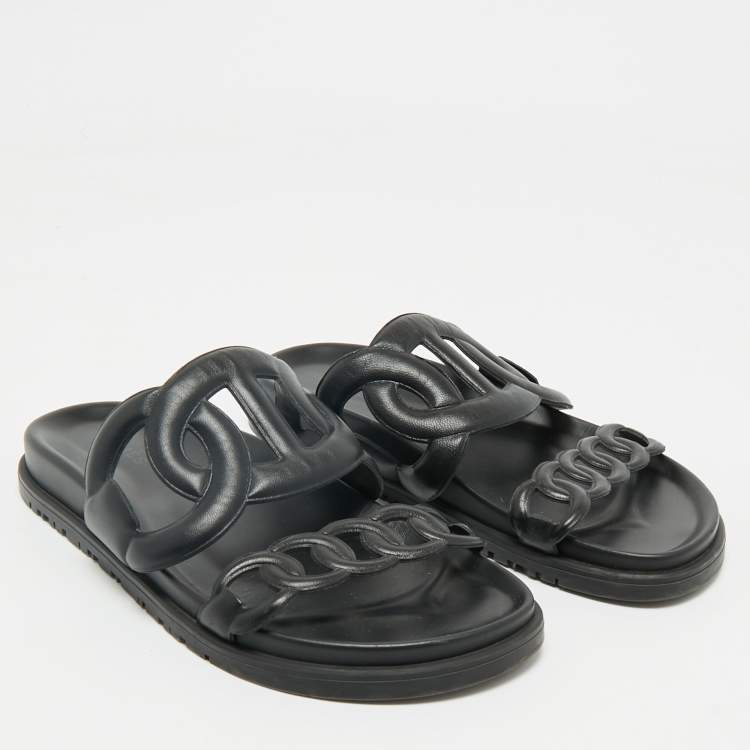 Pre Owned Hermes Black Leather Extra Flat Slide Sandals Size 36.5