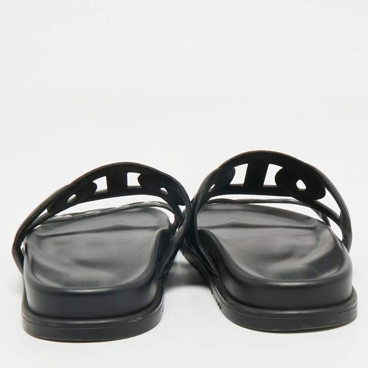 Pre Owned Hermes Black Leather Extra Flat Slide Sandals Size 36.5