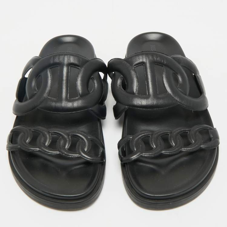Pre Owned Hermes Black Leather Extra Flat Slide Sandals Size 36.5