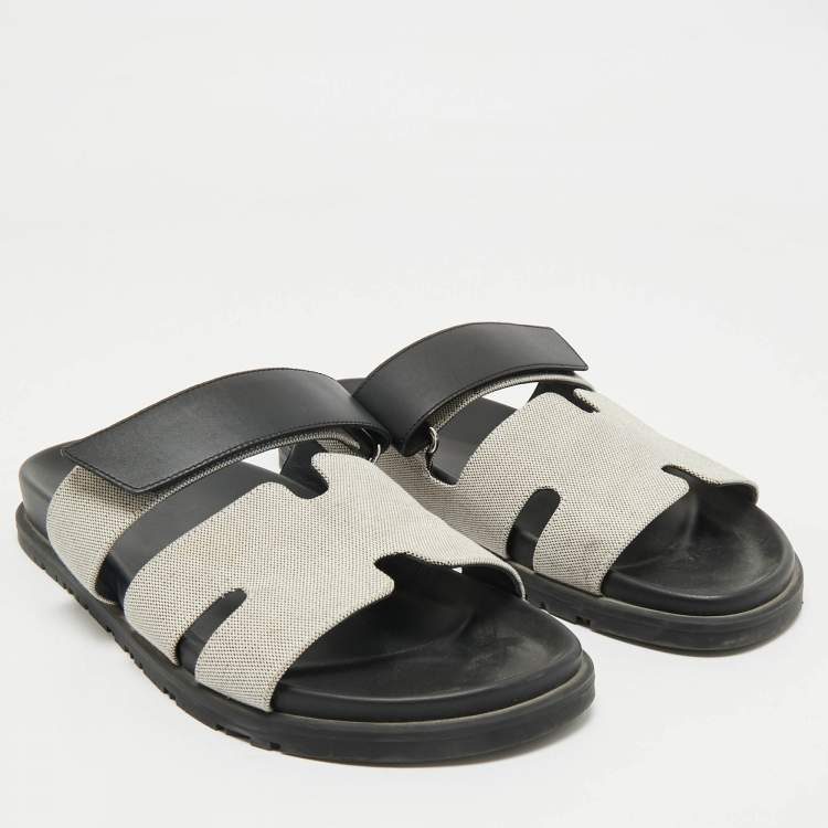 Pre Owned Hermes Grey/Black Canvas and Leather Chypre Sandals Size 40