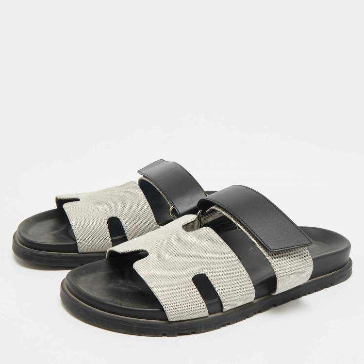 Pre Owned Hermes Grey/Black Canvas and Leather Chypre Sandals Size 40