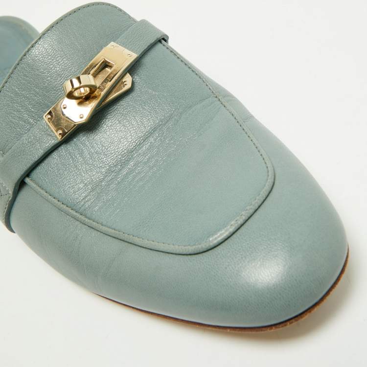 Pre Owned Hermes Blue Leather Gold Plated Oz Mule Sandals Size 40