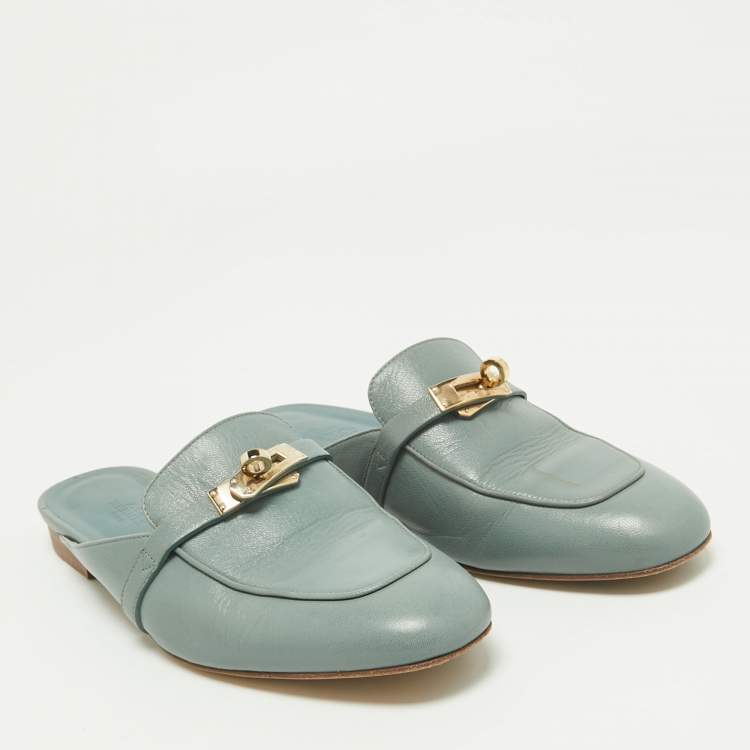Pre Owned Hermes Blue Leather Gold Plated Oz Mule Sandals Size 40
