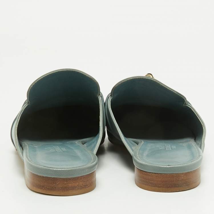 Pre Owned Hermes Blue Leather Gold Plated Oz Mule Sandals Size 40
