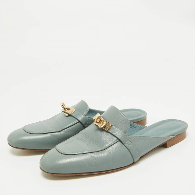 Pre Owned Hermes Blue Leather Gold Plated Oz Mule Sandals Size 40