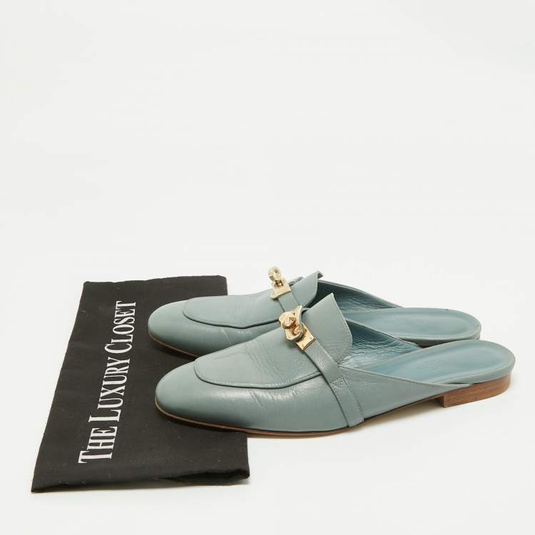 Pre Owned Hermes Blue Leather Gold Plated Oz Mule Sandals Size 40