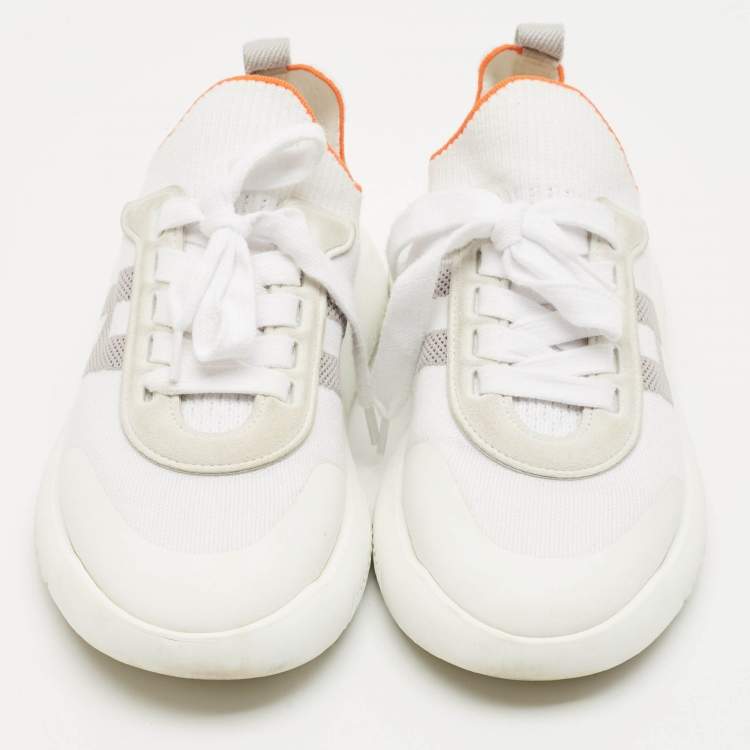 Pre Owned Hermes White/Grey Knit Fabric Crew Sneakers Size 37