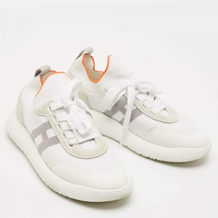 Pre Owned Hermes White/Grey Knit Fabric Crew Sneakers Size 37