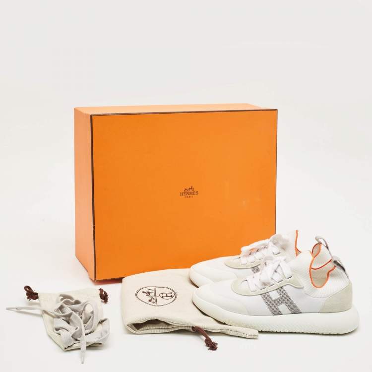 Pre Owned Hermes White/Grey Knit Fabric Crew Sneakers Size 37